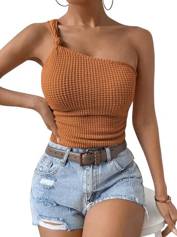 OYOANGLE Women's Sleeveless One Shoulder Knot Front Waffle Knit Tank Top Asymmetrical Neck Cami Tops in Saudi Arabia