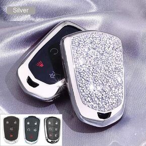 Royalfox(TM) 4 5 6 Buttons 3D Bling keyless Entry Remote Smart Key Fob case Cover for 2016 2017 2018 2019 2020 Cadillac CT6 XT5 CTS XTS SRX ATS DTS STS Accessories (Silver)