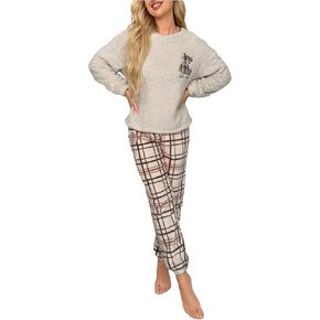 MakeMeChic Women's 2 Piece Fuzzy Lounge Pajama Set Cartoon Bear Long Sleeve Tops and Plaid Pants Teddy Loungwear Sleepwear
