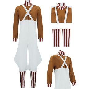 Mens Chocolate Factory Worker Costume, Chocolate Factory Umpa Lumpa Cosplay Uniform Jumpsuit Halloween Candy Costume