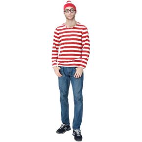 Family Halloween Costume，Red and White Striped Cosplay T-Shirt, Outfit Glasses Hat Shirt Suits
