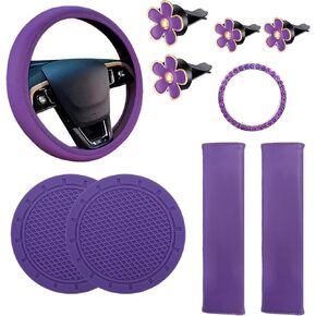 10PCS Leather Steering Wheel Cover for Women, Cute Car Accessories Set with Seat Belt Shoulder Pads, Cup Holders Bling Start Button Ring Sticker Air Vent Clip, Car Accessories (Black)