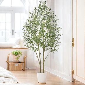 Faux Olive Tree 7.5ft Artificial Olive Silk Plant Realistic Olive Tree Branches Lifelike Leaves Fruit Large Fake Potted with White Planter for Housewarming Living Room Modern Indoor Outdoor Decoration