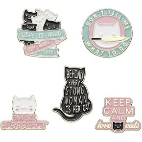 5 Pcs Cat Brooch Pin Bulk Black White Kitty Badge Lapel Pins Cute Cat BBF Brooch Pin for Women Girls Friends Halloween Jewelry Gifts