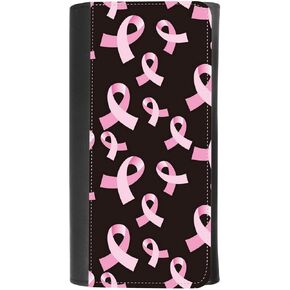 (Pink ribbon pattern Breast Cancer awareness) women's Patterned Leather Buckle Trifold Wallet Bag Pouch Holster With Credit Card Holder insurance for smartphones