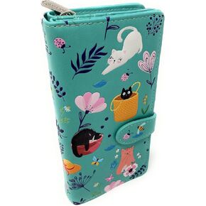 Shag Wear Cats in the Garden Large Spring Summer Animal Wallet for Women and Teen Girl Vegan Faux Leather Light Teal 7"