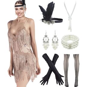 1920s Flapper Long Fringe Gatsby Roaring 20s Sequins Beaded Dress Vintage Art Deco Dress with 20s Accessories Set