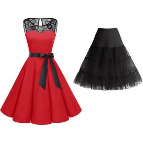 Bbonlinedress Women 1950s Vintage Rockabilly Swing Dress Red S + Vintage Petticoat Underskirt 25" Black S