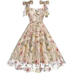 Women's 1950s Retro Dress Sleeveless Bowknot Floral Embroidery Mesh Swing Dress Cocktail Dress