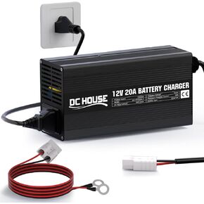 DC HOUSE 12V 20A Lithium Battery Charger Fast Charging with Battery Connector LED Indicator 14.6V LiFePO4 Battery Smart Charger for Lithium LiFePO4 Batteries of Trolling Motor, Marine, Boat, RV