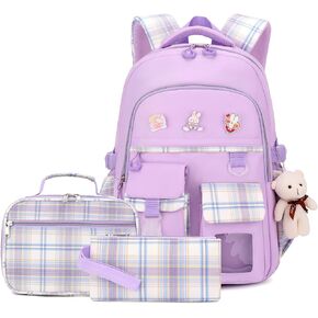 Girls School Backpack,3PCS Bookbag Cute 18Inch Bag College Middle High Elementary with Lunch Box & Pencil case (Purple Set)