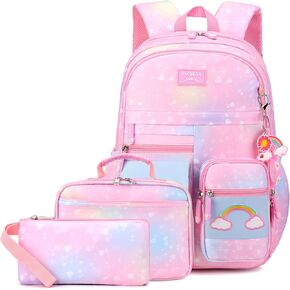 Girls School Backpack,3PCS Bookbag Cute 18Inch Bag College Middle High Elementary with Lunch Box & Pencil case (Purple Set)
