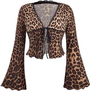 WDIRARA Women's Plus Size Leopard Print V Neck Flare Sleeve T Shirt Lace Trim Tie Front Y2k Vintage Top