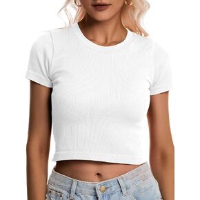 Women's Short-Sleeve Crewneck T-Shirt - Ribbed Knit Solid Color Sport Causal Tee Tops