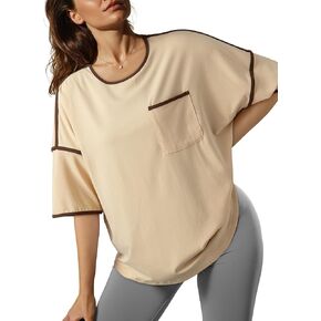 Dokotoo Women's Fashion Casual Colorblock Half Sleeve Tops Crewneck Soft Knit Stretchy Workout T Shirts with Pocket