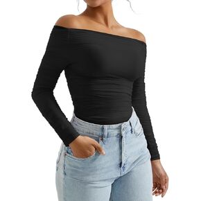 OMKAGI Women Long Sleeve Tops Sexy Off Shoulder Shirts Fitted Going Out Y2K Crop Top