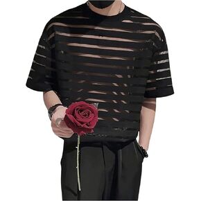 Men's Sheer Mesh Tee Shirt Striped Short Sleeve Crewneck See Through T Shirt Summer Tee Tops