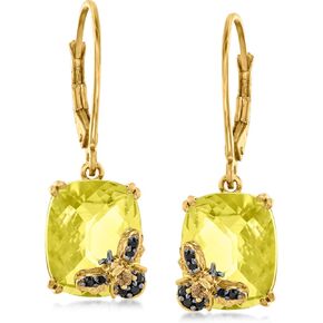 Ross-Simons 7.25 ct. t.w. Lemon Quartz Bumblebee Drop Earrings With Smoky Quartz and Black Spinel Accents in 18kt Gold Over Sterling