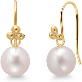 Gem Stone King 14K Yellow Gold Frenchwire Dangling 7MM White Round Shape Cultured Freshwater Pearl Earrings For Women