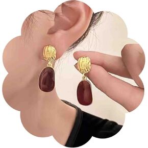 Vintage Oval Enamel Burgundy Earrings Enamel Red Dangle Earrings Gold Hammered Disc Stud Earrings Irregular Burgundy Drop Earrings Acrylic Red Geometric Earrings Jewelry for Women