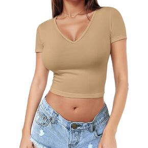 Short Sleeve V Neck Crop Top for Women Soft Workout Shirt Going Out Tops Sexy Slim Fitted Casual Base Layer Lightweight