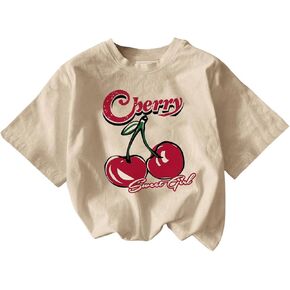 Women's Cherry Print Tee Shirt Short Sleeve Crew Neck Drop Shoulder Vintage Tee Tops