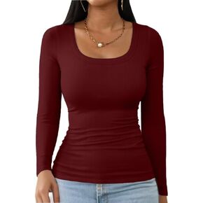 Womens Square Neck T Shirts Long Sleeve Tops Fall Clothes Ribbed Knit Slim Fitted Shirts Casual Basic Tees in Saudi Arabia