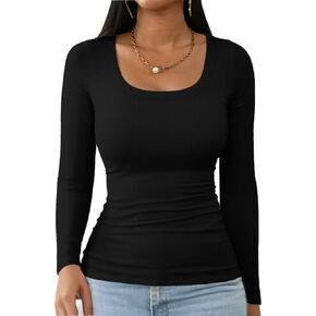 Womens Square Neck T Shirts Long Sleeve Tops Fall Clothes Ribbed Knit Slim Fitted Shirts Casual Basic Tees in Kuwait