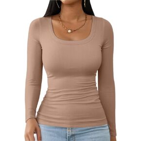 Womens Square Neck T Shirts Long Sleeve Tops Fall Clothes Ribbed Knit Slim Fitted Shirts Casual Basic Tees