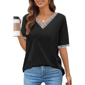 MEROKEETY Women's 2025 Short Sleeve V Neck Tee Tops Summer Color Block Loose Casual T Shirts