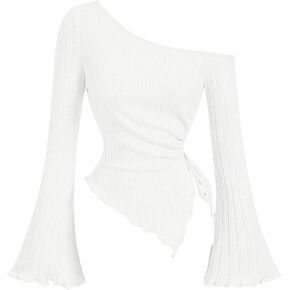 Milumia Women's One Off The Shoulder Asymmetrical Long Sleeve Top Bell Sleeve Crop Top Y2K Going Out Fitted Knit Tee Shirt