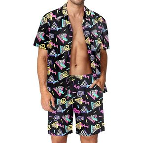 Arssm Mens 2 Pieces Vintage Shirts and Shorts Set 80s 90s Outfit Button Down Beach Suit Quick Dry for Vintage Halloween Party
