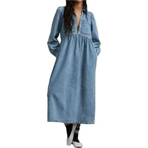 Women's V Neck A Line Denim Dress Long Sleeve Zip Up Collar Dress Casual Loose Long Jean Dress with Pockets