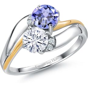 Gem Stone King 925 Silver and 10K Yellow Gold Customized and Personalized 5MM Round 2 Stone Gemstone Birthstone and White Lab Grown Diamond Accent Name Engraved Ring For Women
