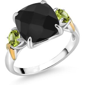 925 Silver and 10K Yellow Gold Black Onyx and Green Peridot 3 Stone Ring For Women (4.40 Cttw, Gemstone December Birthstone, Cushion Checkerboard 10MM, Round 4MM, Available In Size 5, 6, 7, 8, 9)
