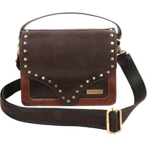Genuine Calf Leather Crossbody Box Bag Tan and Brown, Hand Bag and Purse for Women, Double Strap and Double Compartment Handbag, Riveted Saddle Bag, Cross Shoulder Bag, Gift Packed