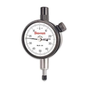 Starrett 81 Series Dial Indicator with Jewel Bearings and Lug-On-Center Back - White Face, 0-.250" Range, 0-50-0 Balanced Dial, .001" Graduations - 81-141J