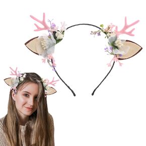 Christmas Deer Antler Headband Cute Reindeer Antlers Flower Hair Hoop Headband for Women Girls Christmas Party Headwear Accessories (Pink)