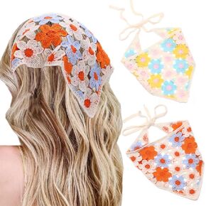 Urieo 2 Pcs Crochet Triangle Head Scarf Floral Bandana Headband Knitted Hair Bandana Daily Party Tied Back Head Kerchief for Women Girls