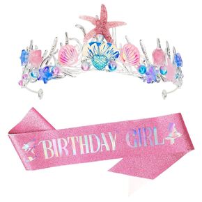 Purple Mermaid Crown and Sash for Women Birthday Crown and Sash for Birthday Girl Mermaid Adult Crown Ocean Theme Mermaid Birthday Decoration Birthday Gift Seashell Fishtail Crown Halloween