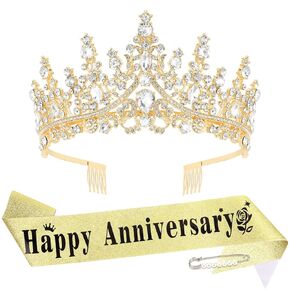 YARIEW Gold Crown and Happy Anniversary Sash, Happy Anniversary Decorations Tiaras for Women and Gold Sash Anniversary Decorations Wedding Gifts for Women