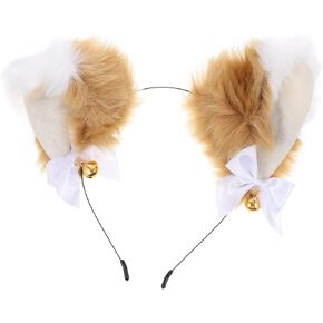 Lurrose Fox Wolf Cat Ears Headband with Bells Bows, Plush Fox Wolf Ears Hair Hoop Animal Anime Fancy Dress Headpiece