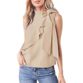 Imily Bela Womens Chiffon Sleeveless Tops Summer Dressy Casual Mock Neck Ruffle Flowy Bow Tie Blouse