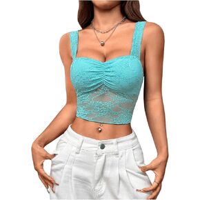 MakeMeChic Women's Crop Tank Top Square Neck Mesh Lace Y2K Cute Going Out Tops