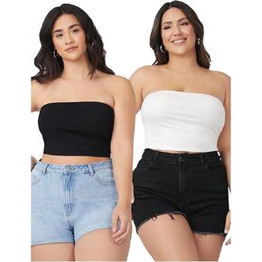 MakeMeChic Women's Plus Size 2 Pack Basic Bandeau Sleeveless Strapless Crop Tube Top