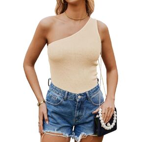 Poetsky Womens One Shoulder Tank Tops Summer Sleeveless Ribbed Knit Shirts Slim Fitted Tee Blouses