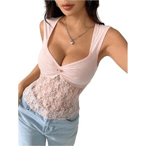 Floerns Women's Floral Lace Patchwork Sleeveless Tank Top Sweetheart Neck Ruched T Shirts