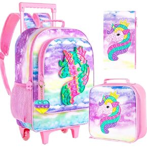 CCJPX 4PCS Rolling Backpack for Girls,Kids Unicorn Backpacks with Roller Wheels, Wheeled Bookbag with Lunch Box for Toddler Elementary School