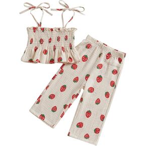 Toddler Baby Girl Clothes Summer Tie-Up Ruffle Tops Linen Pants Set Infant Smocked Outfit