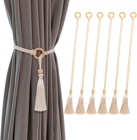 Curtain Tiebacks Holders Cotton Curtain Ties for Drapes Decoration Wooden Rope Curtain Holdbacks Boho,Beige 2pack in Saudi Arabia